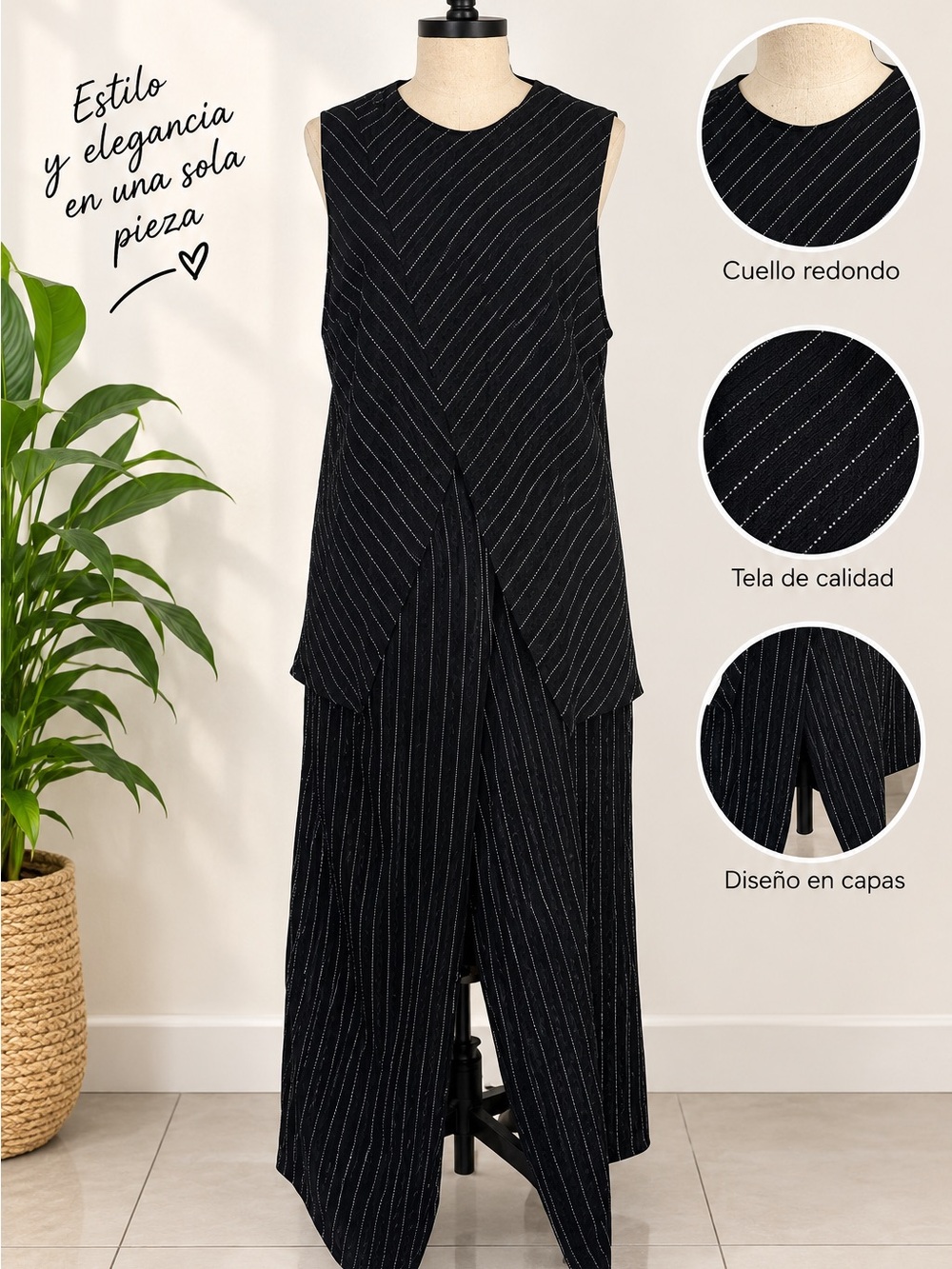 Sleeveless Layered Set- Black with Pinstripes